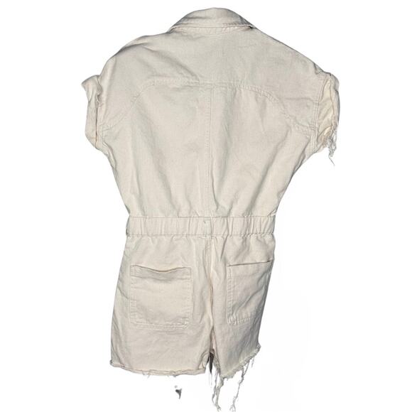 Zara Off-White Denim Jacket Button Front Romper Jumpsuit Neutral Raw Hem - Picture 2 of 9